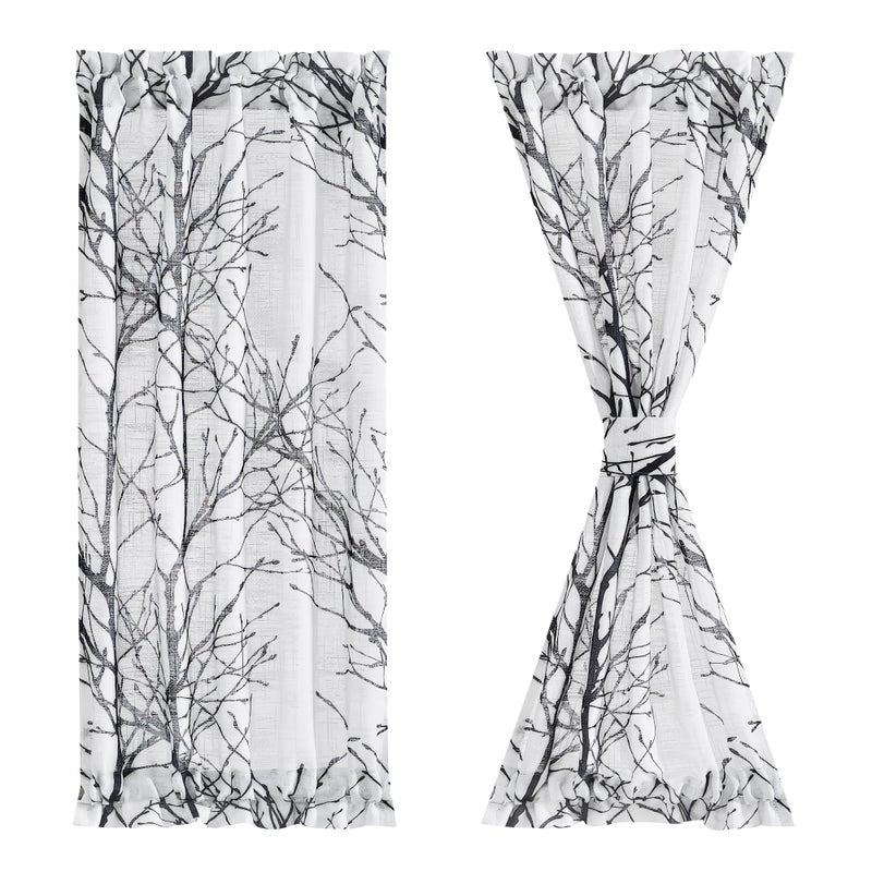 FMFUNCTEX French Front Door Curtains for Glass Door Curtains 72 Inches Long White Semi-Sheer Window Curtain Black Branch Print Curtain for Patio Door with Tie-Back 50 Inches Wide Rod Pocket 1 Panel - Image 1